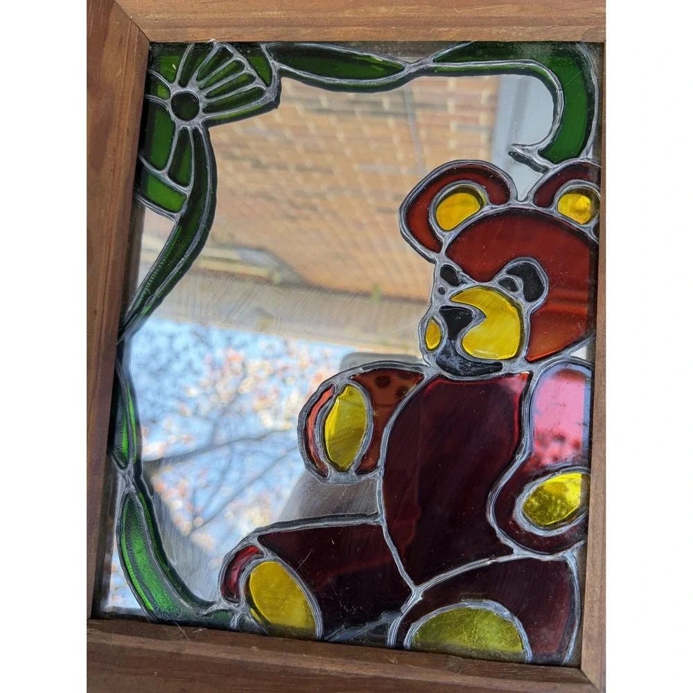 Charming VTG Stained Glass Teddy Bear Mirror Wooden Frame Wall‎ Decor Art Baby
